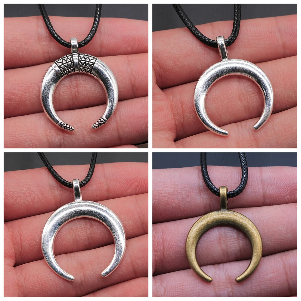 Куликовый подвесной кулон "Полумесяц" с орнаментом в форме рогов на шнурке из черной кожи для женщин винтажной моды.