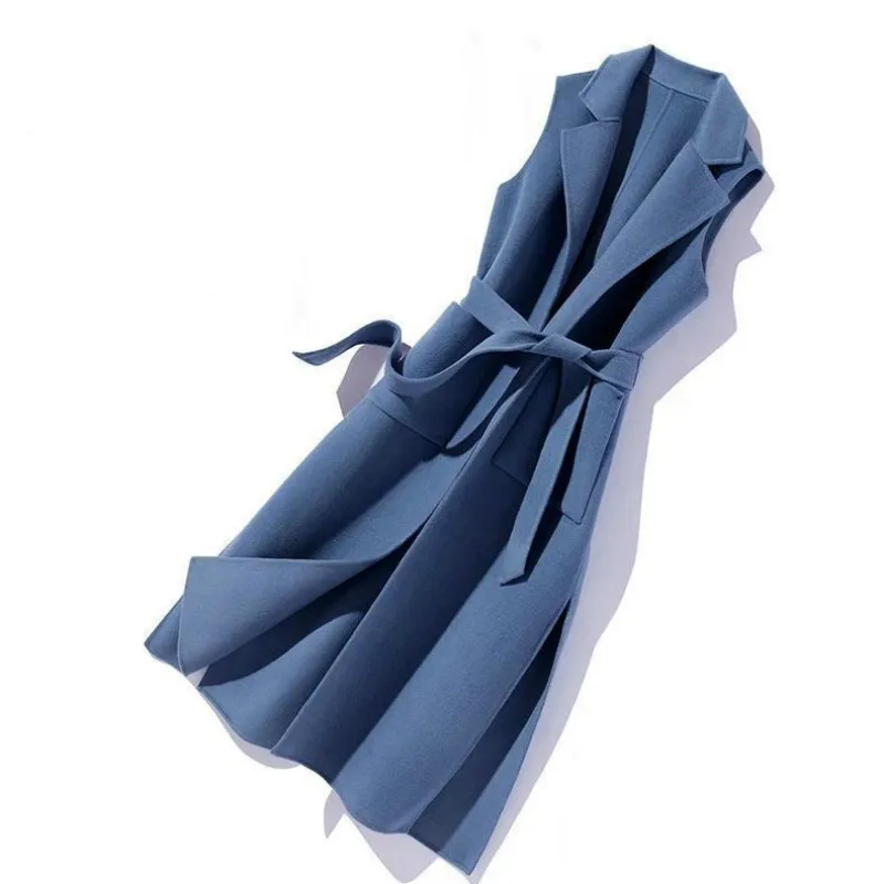 

2021 Autumn Winter Woolen Vest Coat Women Middle Long Coat Sleeveless Waistcoat with Belt Ladies Slim Vest Jacket Coat Y207