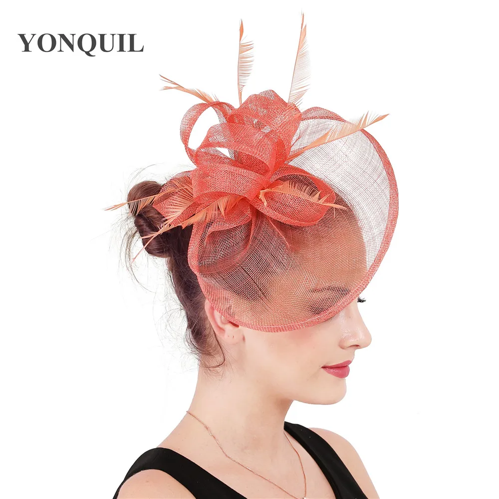

Coral Sinamay Millinery Hair Fascinator Church Show Hat Charming Wedding Hair Clip Or Headbands Winter Party Royal Ascot SYF686