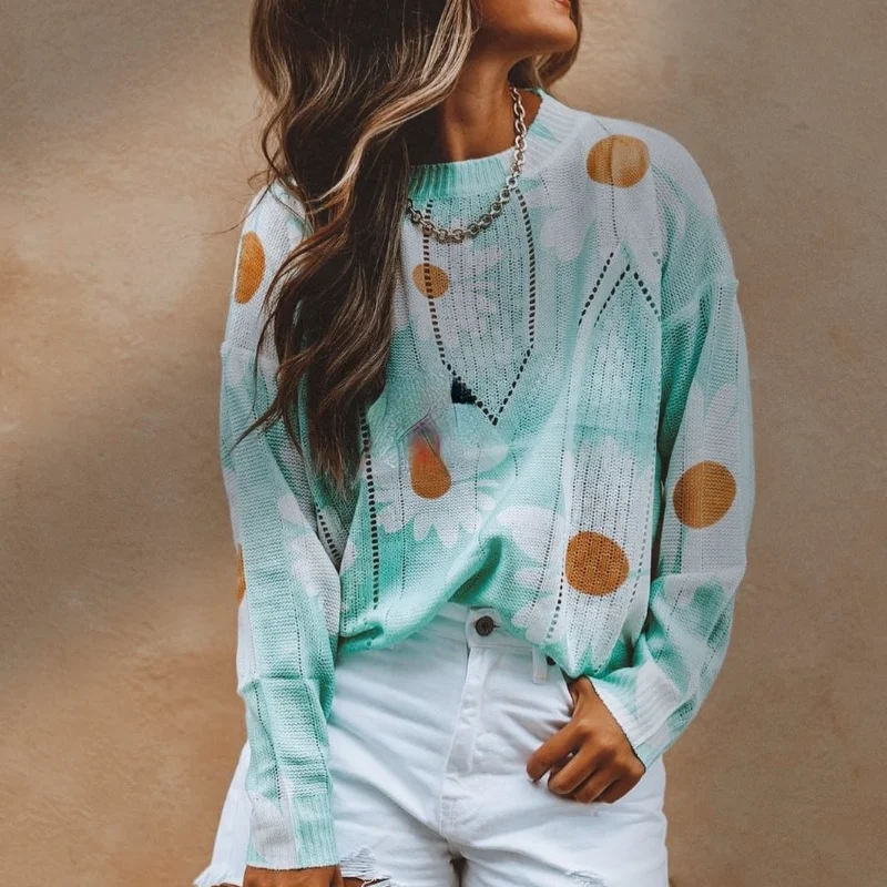 

Flower Pullover Sweater Women Fall 2021 Autumn Plus Size Crop Harajuku Sweater Vintage Long Sleeve Loose Slimming Women Tops