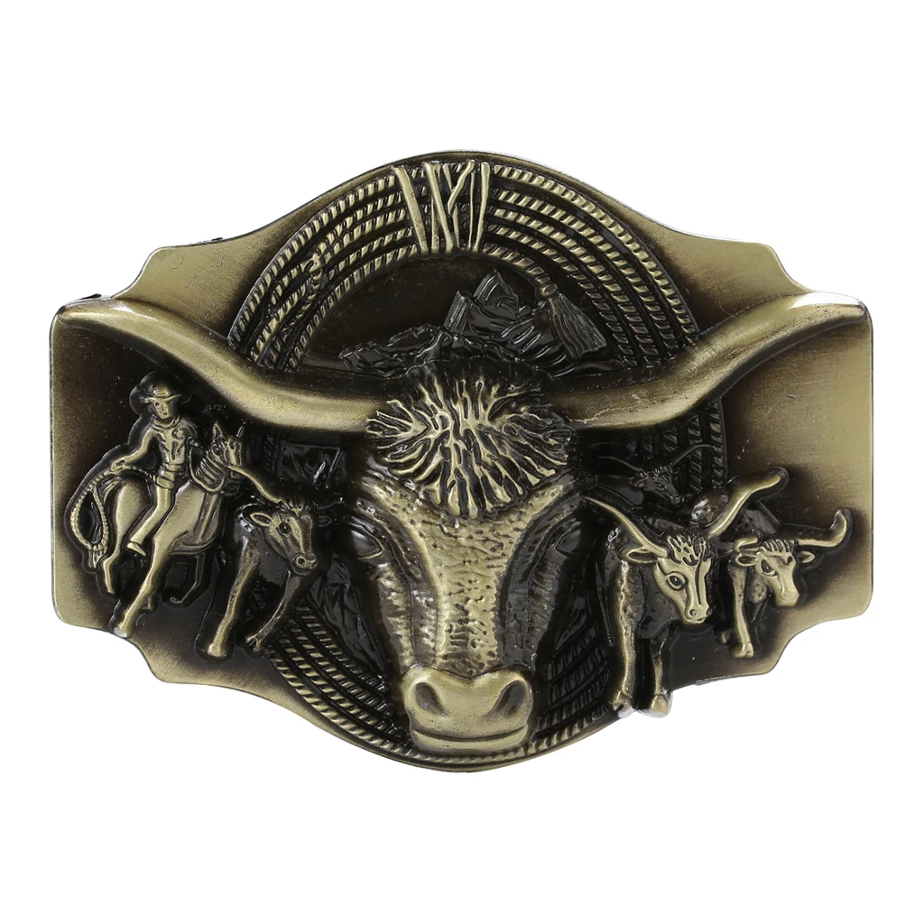 Retro Western Cowboy Belt Buckle Embossed Long Horn Bull Rodeo Bronze |