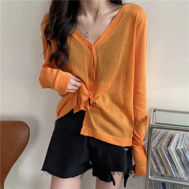 

Women's Knitting Cardigan Pure Color V-neck Transparent Long Sleeve Knitted Fabric Loose Top Wholesale Thin New Female Clothing