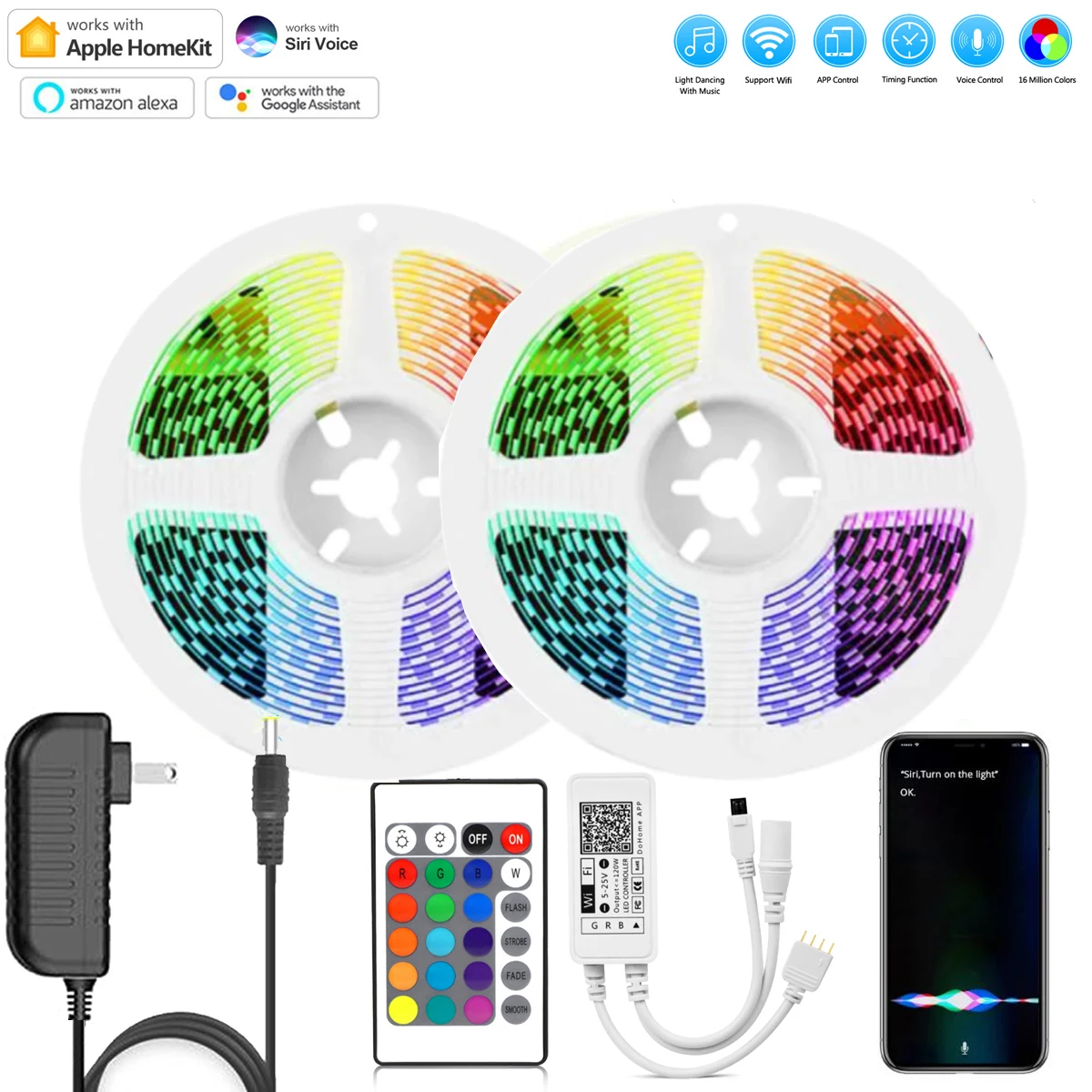 

Пульт ДУ Homekit Siri с голосовым Wi-Fi, светодиодная ленсветильник 5050 RGB, 1-10 м, 12 В постоянного тока, водонепроницаемый домашний ночник для Alexa Google