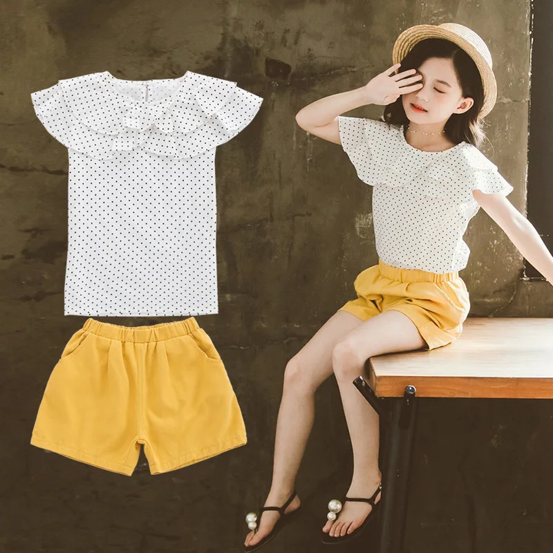 

Новые летние комплекты одежды для девочек Детская рубашка с короткими рукавами и оборками + шорты, костюмы Одежда для маленьких девочек дет...