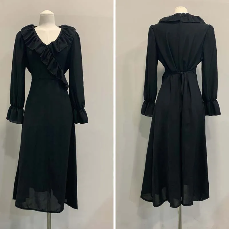 

V Neck Flare Long Sleeve Femme RobeGentle Vintage Korean Chic Waistbanded Lace Up Solid V-Neck Slim High Waist Ruffles Dress