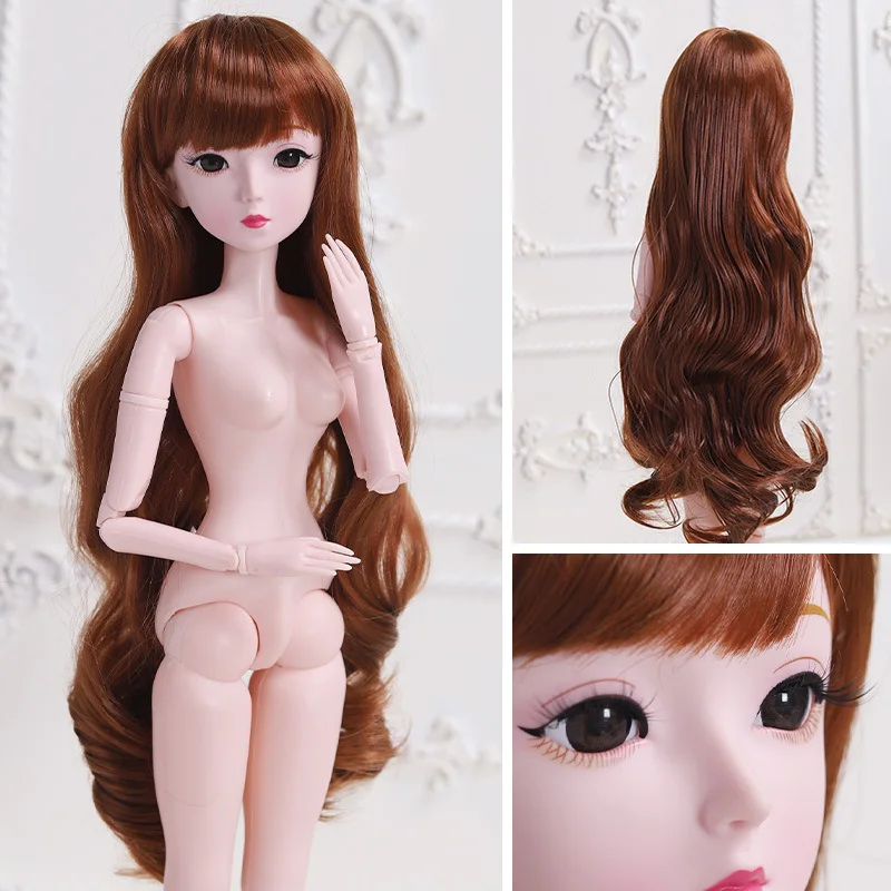 60cm Bjd Doll 21 Movable Joint 3D Eye Detachable Hair Cover 1/3 Girl Fashion Dress Up Nude Mid-length Wig Doll Toy Birthday Gift