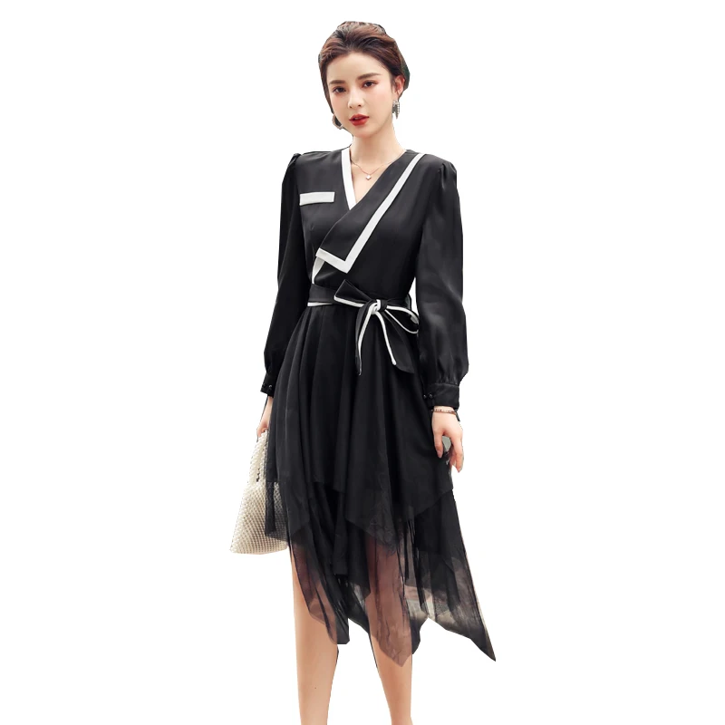 

Korean One Piece Stylish Women'S Clothing French V-Neck Lace Up Mesh Splicing Receiving Irregular Waist Dress Autumn Vestido