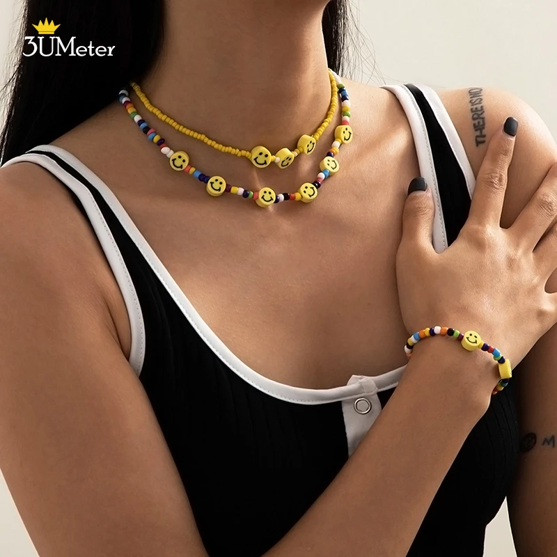 

New Multicolor Beaded Choker Flower Smiley Necklaces for Women Cute Sweet Girls Smile Face Beads Necklace Set Summer Hot Jewelry