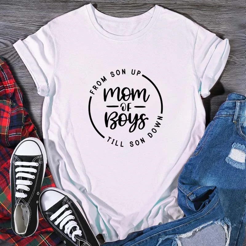 

Футболка женская с надписью «Mom of Boys», хипстерская Модная Повседневная рубашка с коротким рукавом, y783