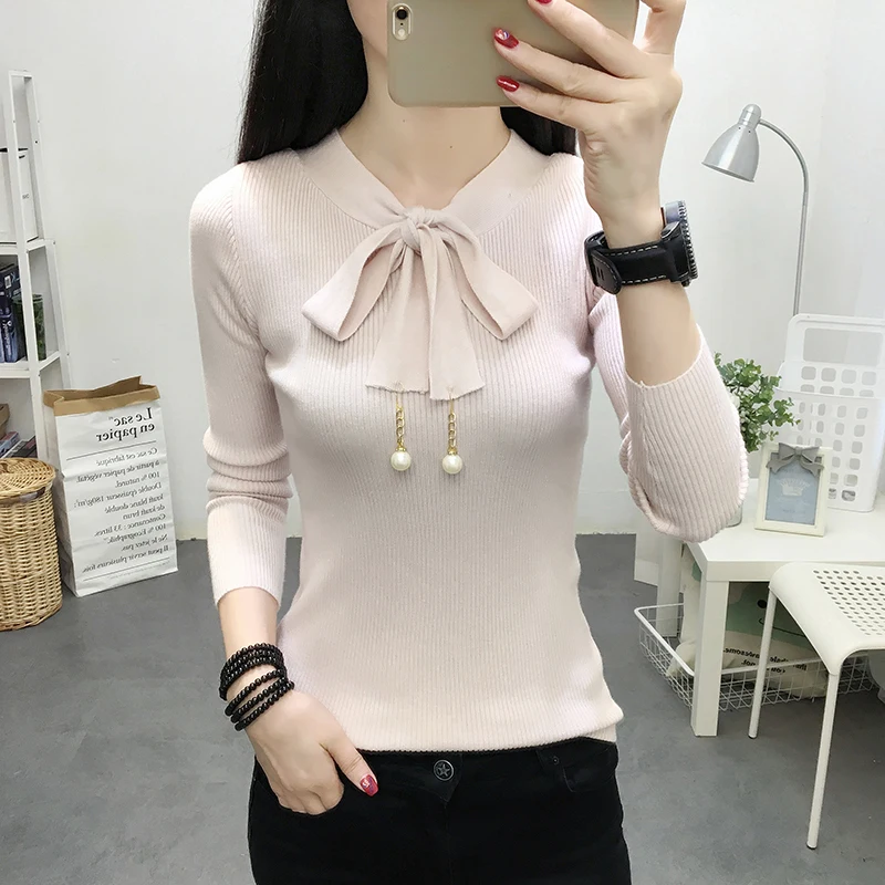 

Knit Women Long Sleeve Bow Neck Solid Sweater Spring Autumn Slim Wool Elegant Female Knitted Sweaters A68
