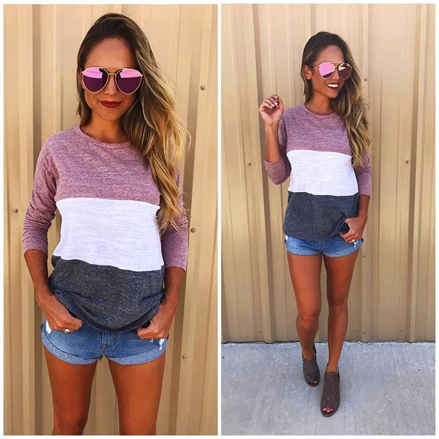 2019 повседневная женская футболка с длинным рукавом 3 цвета пэчворк фиолетовый