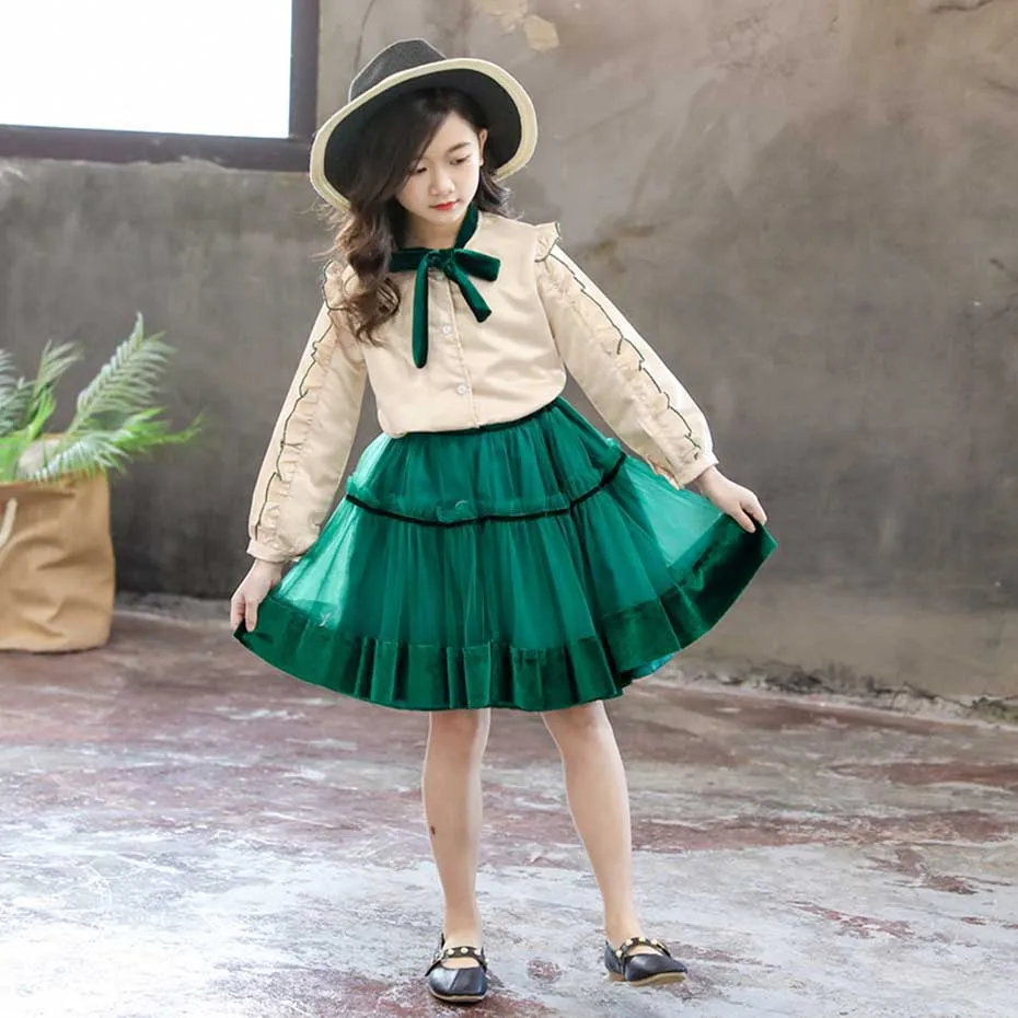 Подростковая одежда рубашка с оборками + юбка в сеточку комплект из 2 предметов