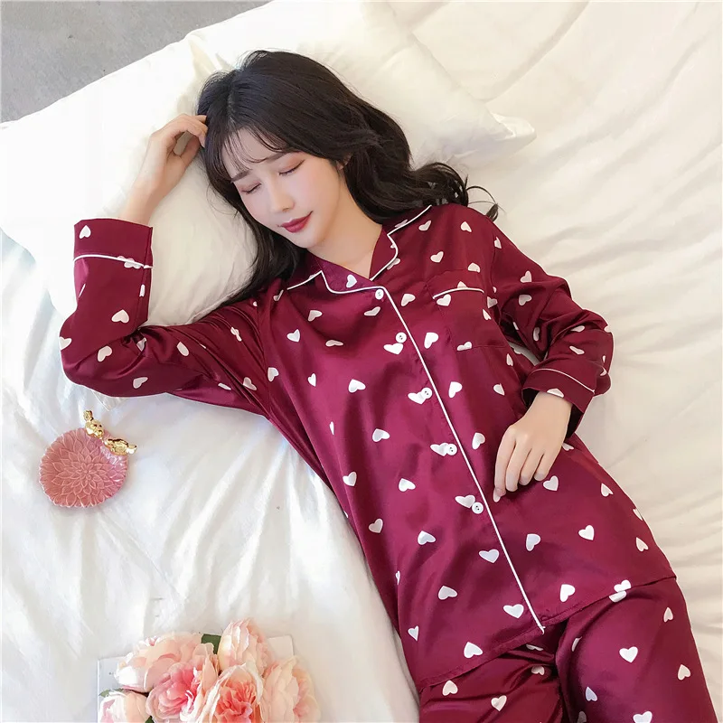 Spring Autumn New Pajamas Women's Suit Long-Sleeved 2-Piece Set Faxu Silk Turn-down Collar Leisure Women Pijamas Loungewear