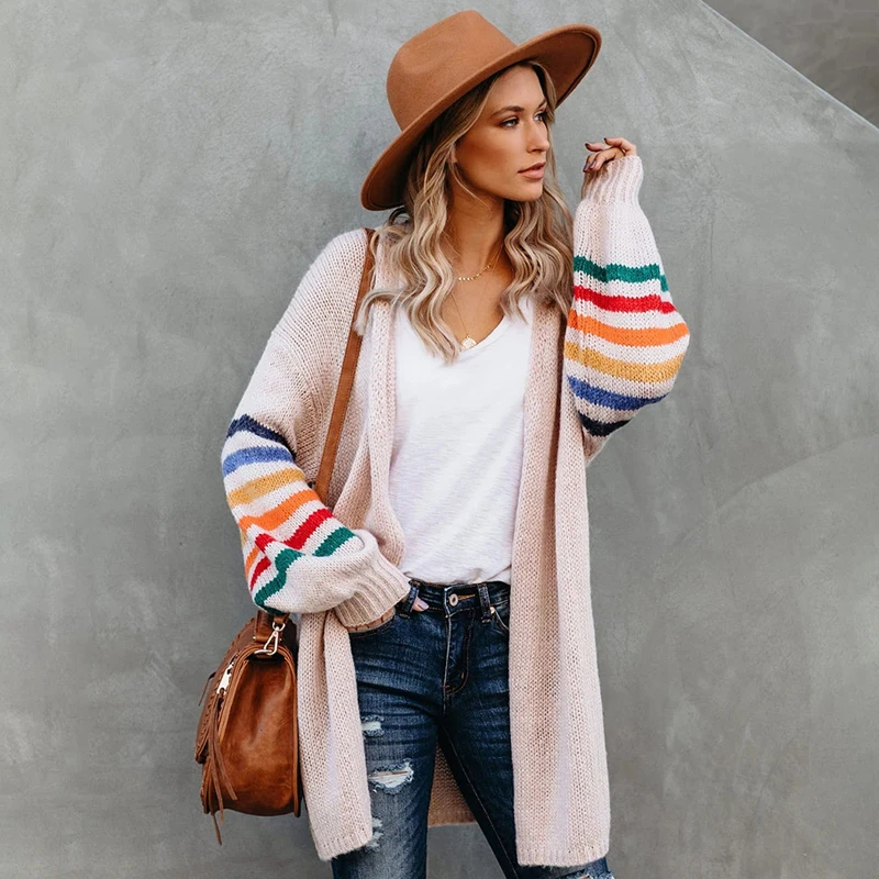 

Fitshinling Rainbow Striped Boho Cardigan Winter Long Coat Female Knitwear Pink Slim Sweaters Cardigans For Women Clothes 2020