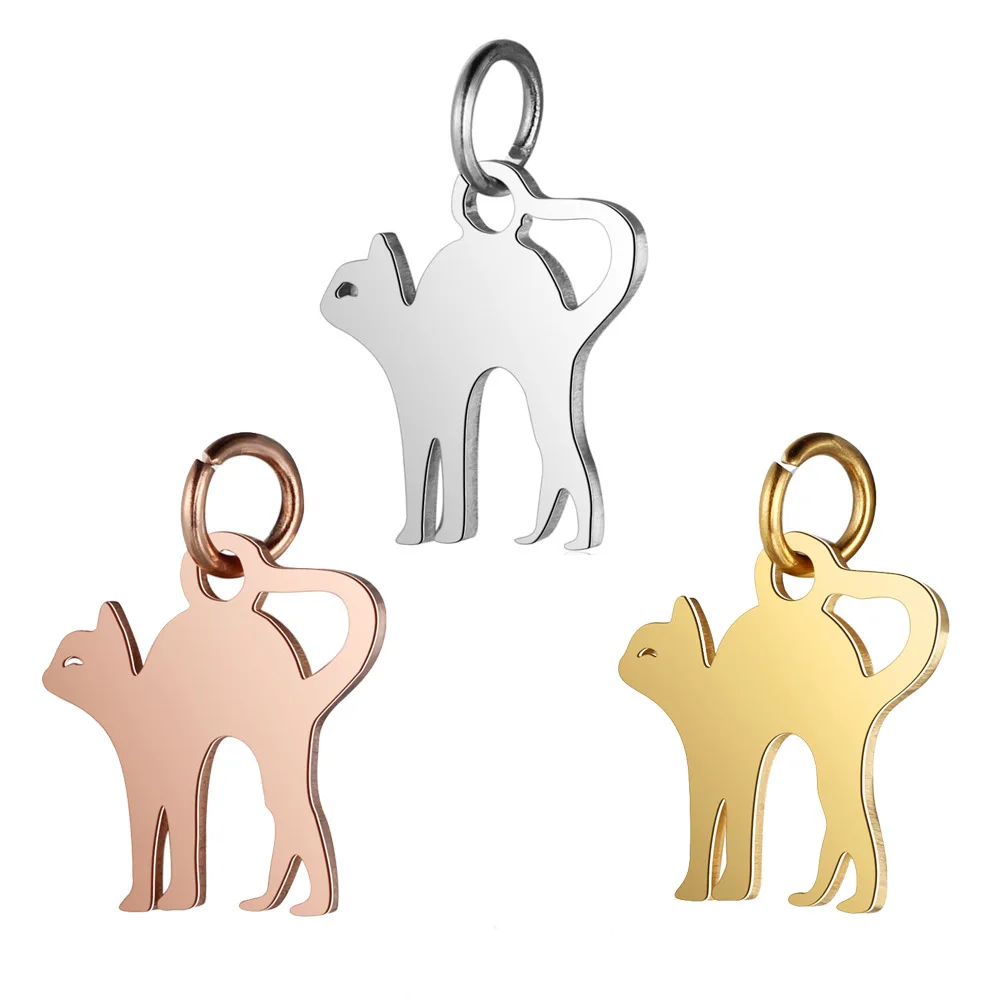 

Stainless Steel Cat Charm Metal Gold/Rose Gold/Steel Color Pendant Full Polish14*16mm DIY Handmade Accessories
