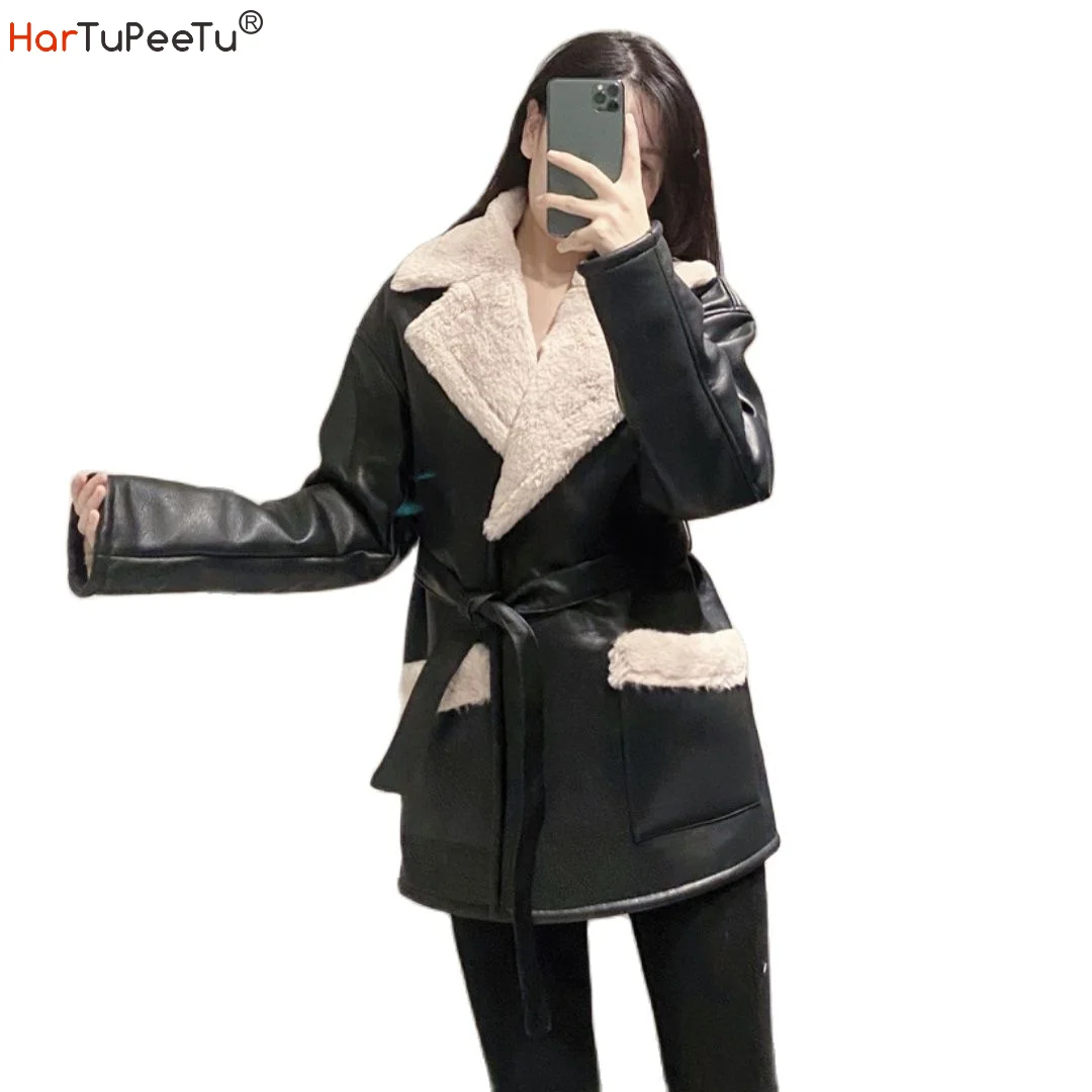 

2021 Winter Faux Leather Jacket with Fur Women Warm Plush Lining Belt Tunic Waist Pockets PU Black Loose Elegant Thick Coat