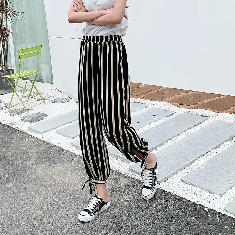 New harem pants women's thin section wide-leg lattice wave dot loose large size fresh striped commuter women | Женская одежда
