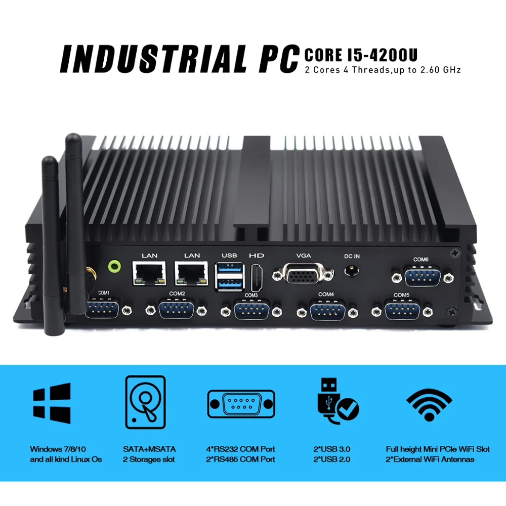 Самый дешевый безвентиляторный K4 Core i5 4200U промышленное Мини ПК 2 * ddr3 16 Гб 2LAN 1HD
