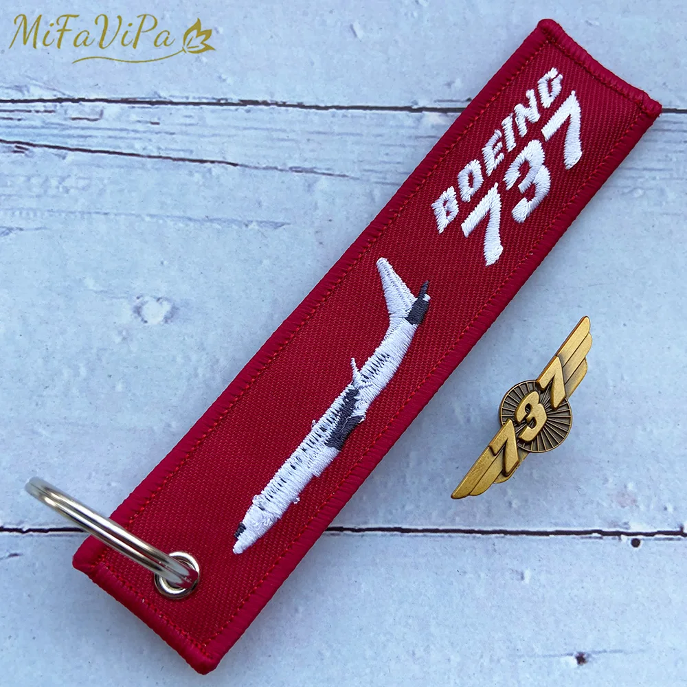 MiFaViPa Red Boeing 737 Embroidery Keychain with 737 Brooch Llavero Aviation Key Chains for Flight Crew Gift Chaveiro Key Rings