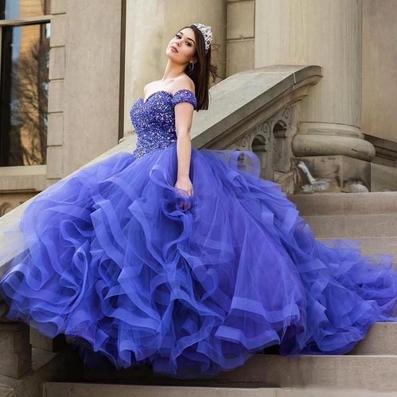 

Пышное Бальное платье Бальные платья с открытыми плечами Королевский синий 2021 бисером оборками развертки поезд сладкий 16 15 лет Vestidos