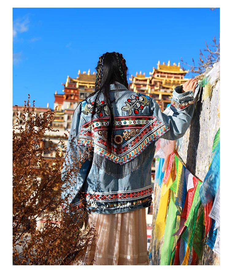 Синяя джинсовая куртка с вышивкой в этническом стиле, Женское пальто, boho, осенняя богемная Цыганская вышивка, винтажная куртка, Chaqueta верхняя одежда