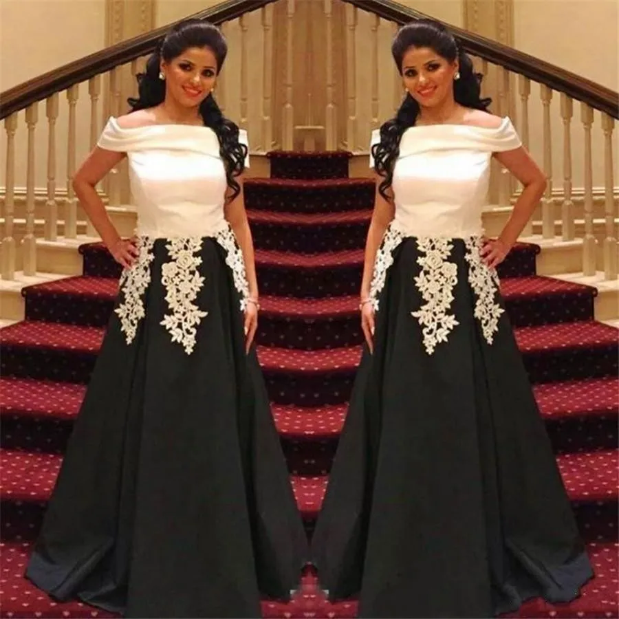 

Off The Shoulder Lace Appliques Evening Gowns Satin A Line Formal Party Wear Custom Made Saudi Arabic Black White Prom Dresses