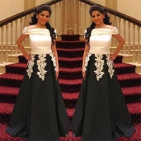 off the shoulder lace appliques evening gowns satin a line formal party wear custom made saudi arabic black white prom dresses