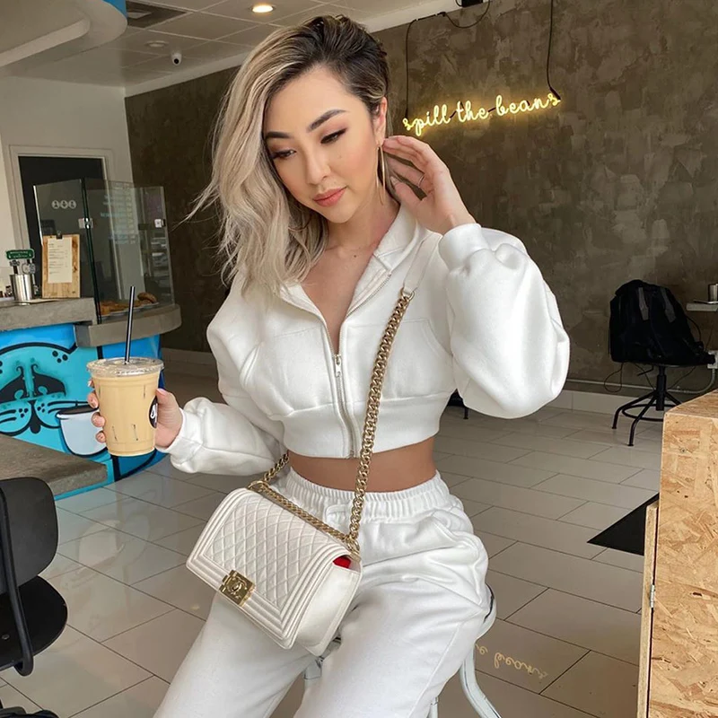 

2020 Women Black/White/Gray Hoodies Full Sleeve Winter Fall Short Lady Clothing Outfits Crop Top Wear