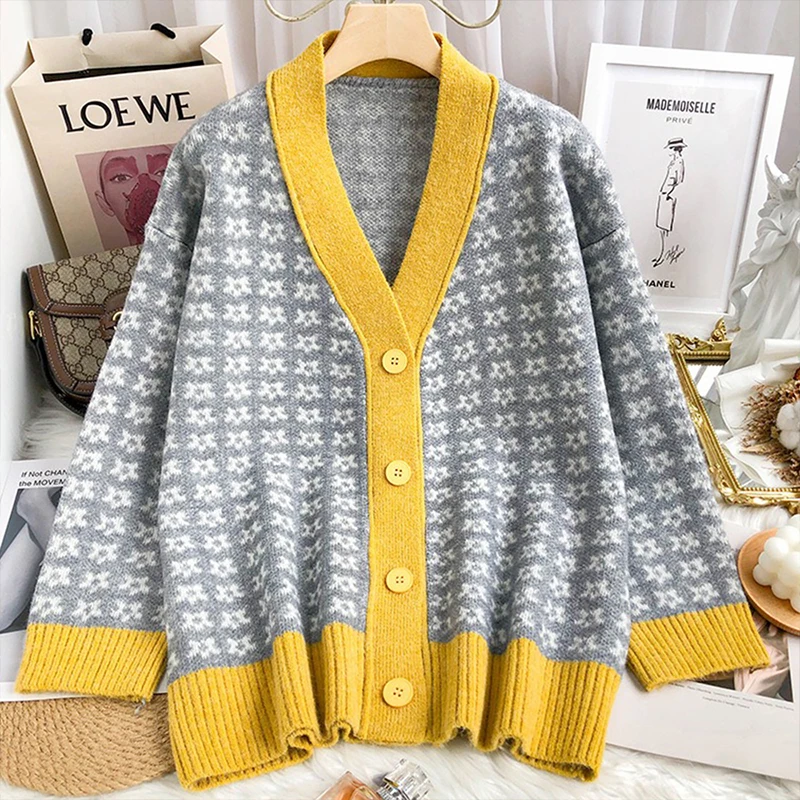 

Sweet Small floral knit Cardigan For Women V-neck Loose Buttons Casual Knitted Sweater 2021 Autumn Winter Korean Fashion Clothes