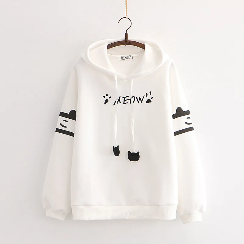 

Осенне-зимние теплые флисовые свитшоты для женщин в свежем Стиле с капюшоном и принтом милого кота, Свободный пуловер с открытыми плечами д...