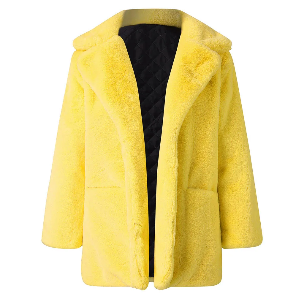 Winter Women Faux Fur Coat Solid Long Sleeve Jacket Cardigan Pock Overcoat Warm Outwear Yellow Pink Blue Wine Black Fur Coat