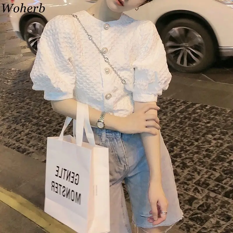 Женская блузка с коротким рукавом Woherb белая Элегантная укороченная рубашка