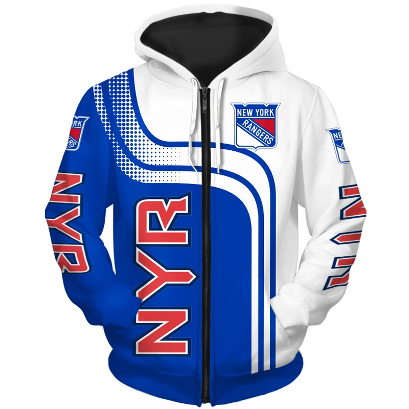 

New York men's fashion Long sleeve 3D Rangers Zip Hoodies Blue red stitching letter geometric pattern print Sweatshirt