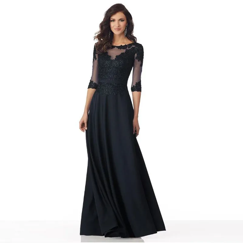 

Vintage Black Mother of the Bride Dresses O-Neck Half Sleeves A-Line Lace Appliques Beaded Wedding Evening Celebrity Gowns New