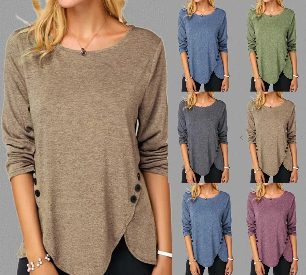Women T Shirts Autumn Long Sleeve Round Neck Large Size T-shirt Irregular Hem T-Shirt Casual Plus Tops Female 5XL | Женская одежда