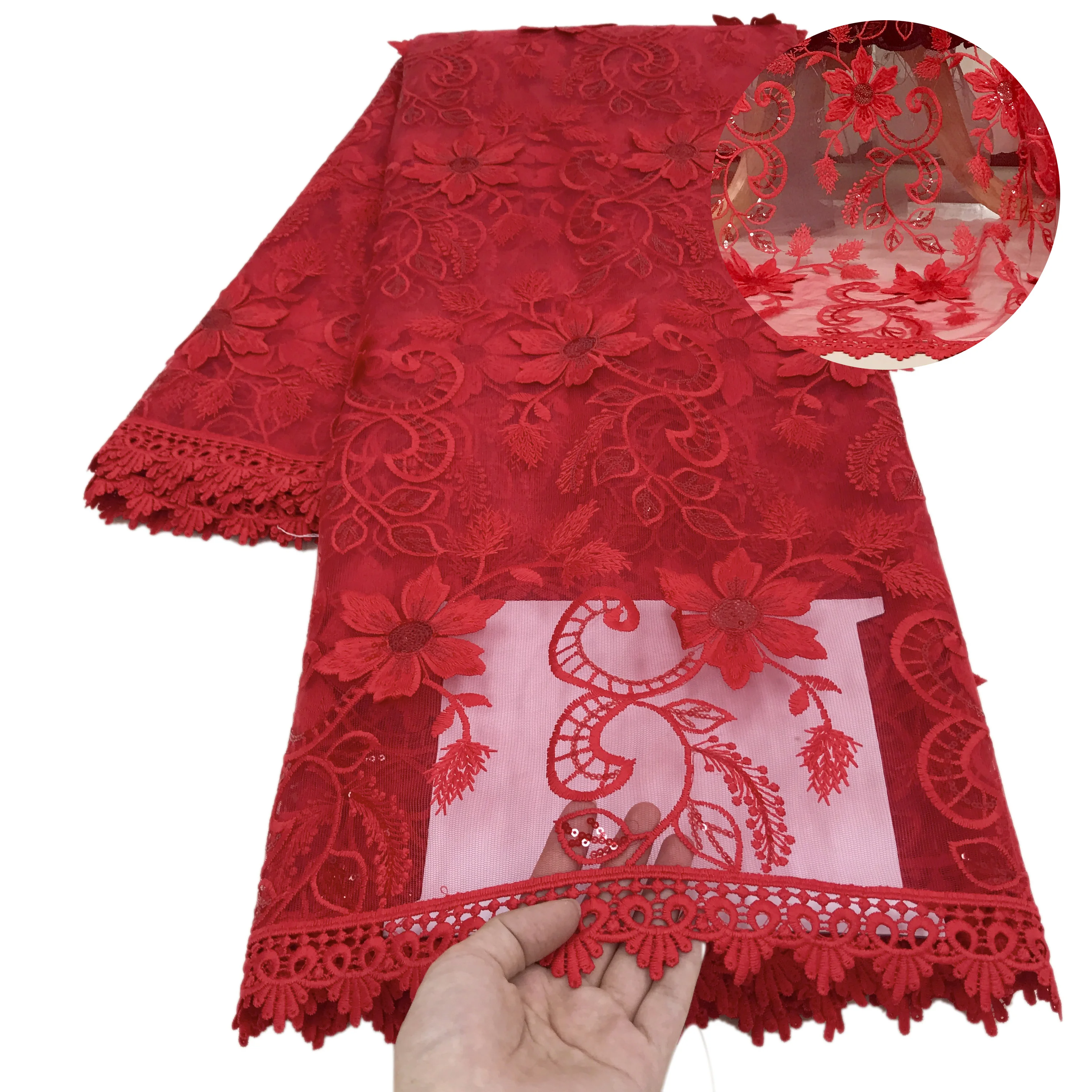 3D цветок Французский красный кружево нигерийская кружевная ткань Высокое