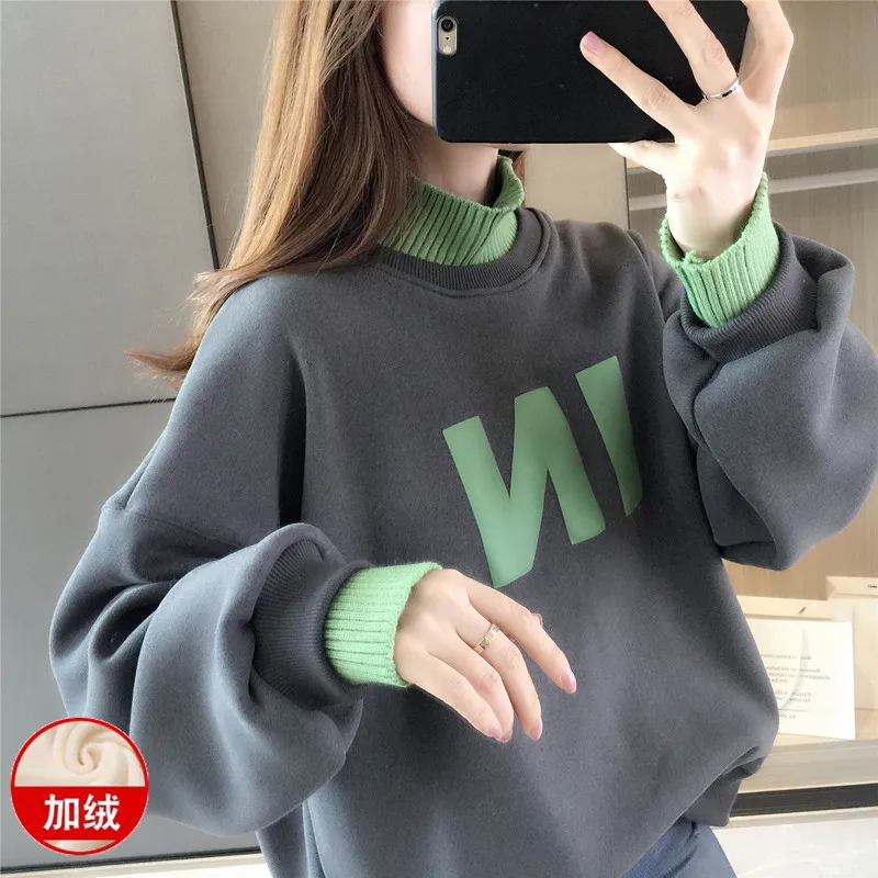 

Autumn and winter new Korean loose Plush thickened half high collar Pullover Sweater women's fashion coat winter top