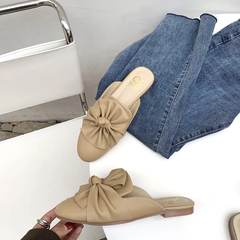 Мюли женские с бантом бабочкой кожаные плиссированные тапочки на низком каблуке