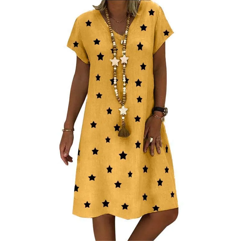 

Sale Summer Star Print Short Sleeve Oversize Dress Women V-neck Plus Size Loose Ladies Dresses Vintage Casual Midi Dress Femme