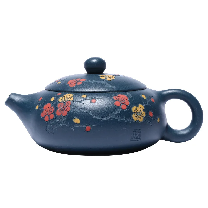 

Yixing purple clay pot, green clay hand painted plum blossom flat Xishi pot, handmade flower tea pot