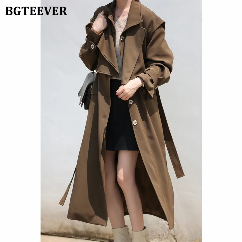 

BGTEEVER Elegant 2 Piece Women Trench Coat Turn-down Collar Loose Female Long Jacket Belted Women Overcoats 2021 Autumn Winter