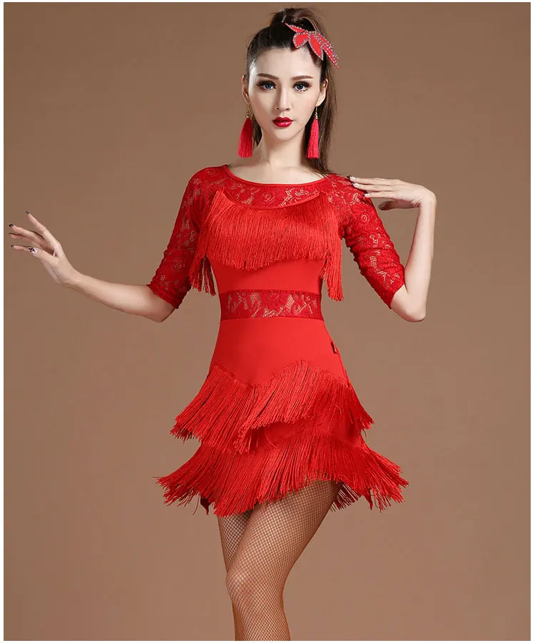 Новое кружевное платье с кисточками короткими рукавами для латинских танцев