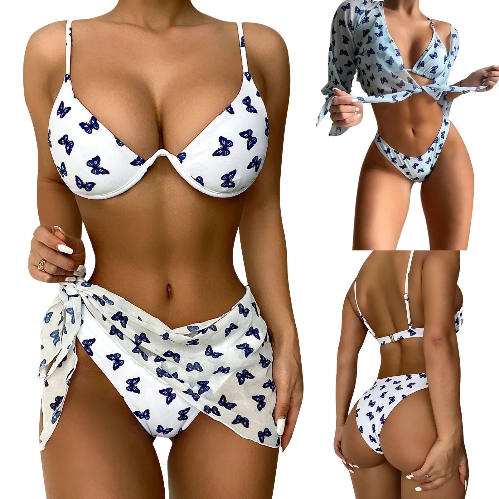 

Женский раздельный купальник с принтом бабочки, бикини с глубоким V-образным вырезом + трусики с эластичным поясом + сетчатая накидка