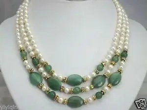 

wholesale new charming 3 rows 7-8mm white pearl and green jades necklace