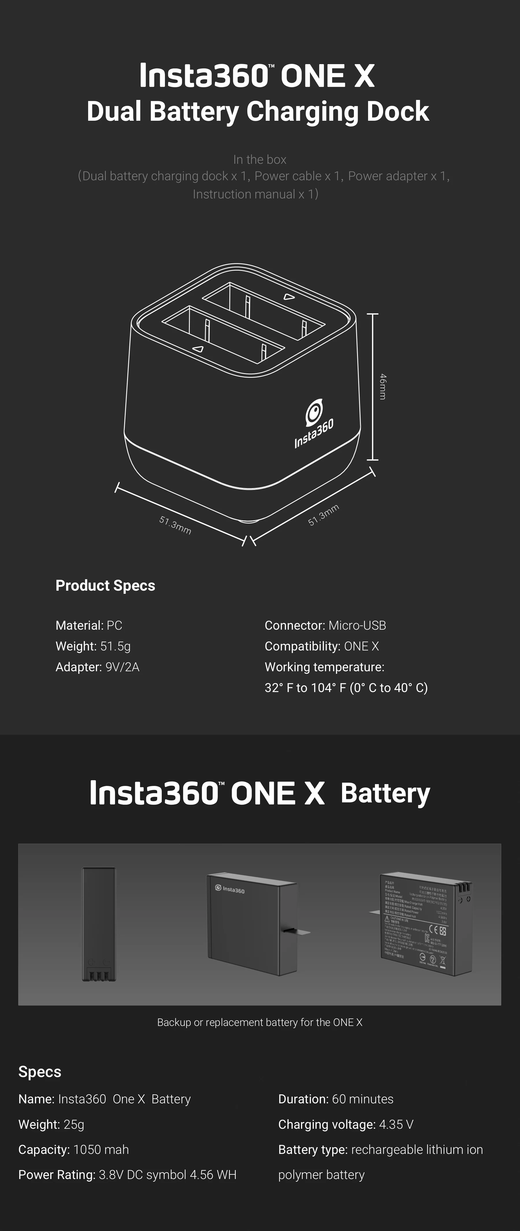 Insta360 ONE X батарея и Micro USB Qiuck зарядное устройство концентратор панорамная камера 9 в 2 а 60 минут Быстрая зарядка