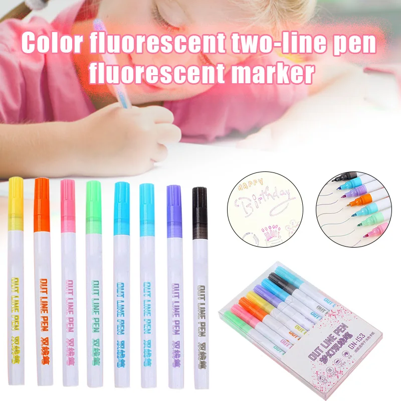 Double Line Pen 8 Colors Glitter Marker Fluorescent Outline Pens for Gift Card Writing Drawing DIY Art Crafts | Канцтовары для