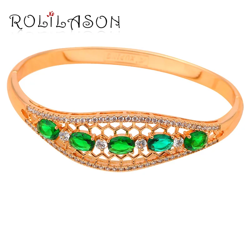 

ROLILASON graceful green Crystal Zircon Royal vibe net design Golden Bangles fashion jewelry TB602