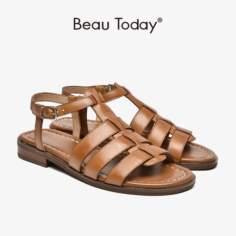 

Gladiator Sandals Women Cow Leather Ankle Buckle T-Strap Hollow Design Casual Summer Lady Flat Shoes Handmade BeauToday 33042