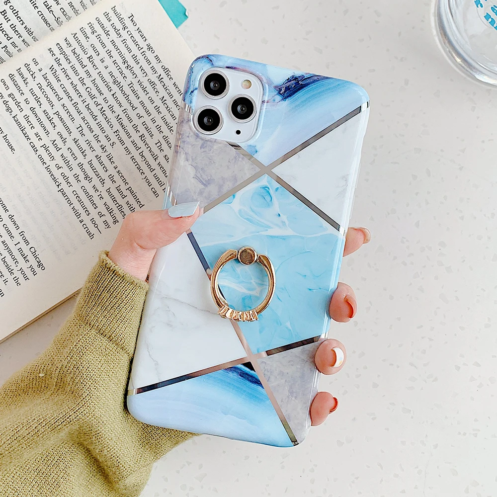 x Чехол для телефона LOVECOM для iPhone 11 Pro XR XS Max 6 6S 7 8 Plus X Мягкая Гальваническая мраморная задняя крышка с кольцом на палец - Цвет: x