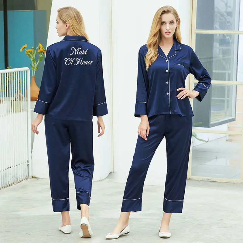 Owiter Pajamas Set Women Satin Pajama Sets Bride Bridesmaid Pajama Turn-down Collar Sleepwear Long Sleeve Nightwear 2 Piece Set